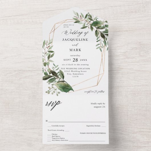 Blätter & Eukalyptus-Goldhochzeit All In One Einladung (Innen Boden)