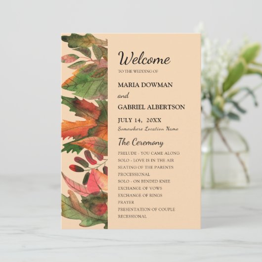 Blätter fallen. Botanische Hochzeit im Herbst Programm (Stehend Vorderseite)