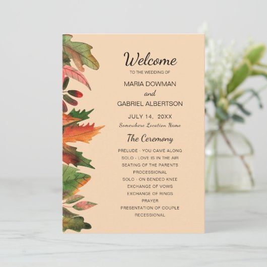 Blätter fallen. Botanische Hochzeit im Herbst Programm (Stehend Vorderseite)