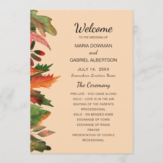 Blätter fallen. Botanische Hochzeit im Herbst Programm (Vorderseite)