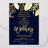 Blätter fallen Typografie und Blaue Hochzeit Folieneinladung (Vorderseite)