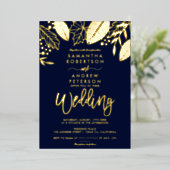 Blätter fallen Typografie und Blaue Hochzeit Folieneinladung (Stehend vorne)