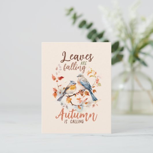 Blätter fallen - Whimsical Fall Birds & Foliage Postkarte (Stehend Vorderseite)