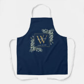 Blätter für Aquarellgrün Navy Blue Gold Monogram Schürze (Vorderseite)
