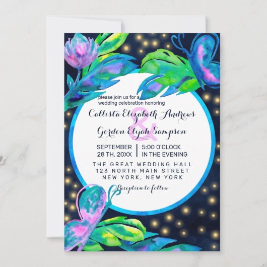 Blätter für die Hochzeit von Aquarellfarben in Nav Einladung (Vorderseite)