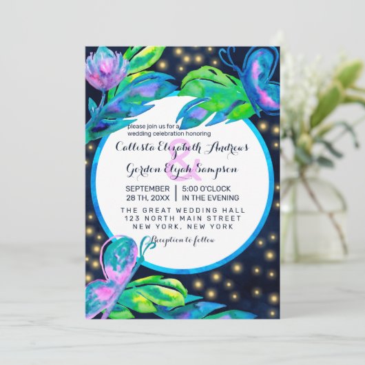 Blätter für die Hochzeit von Aquarellfarben in Nav Einladung (Stehend Vorderseite)