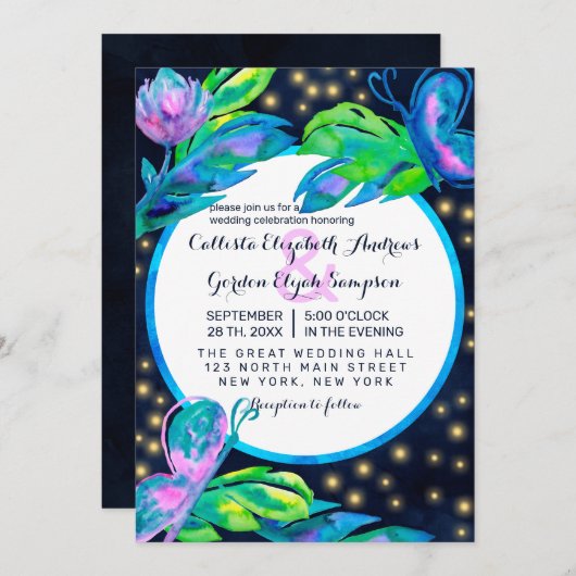 Blätter für die Hochzeit von Aquarellfarben in Nav Einladung (Vorne/Hinten)