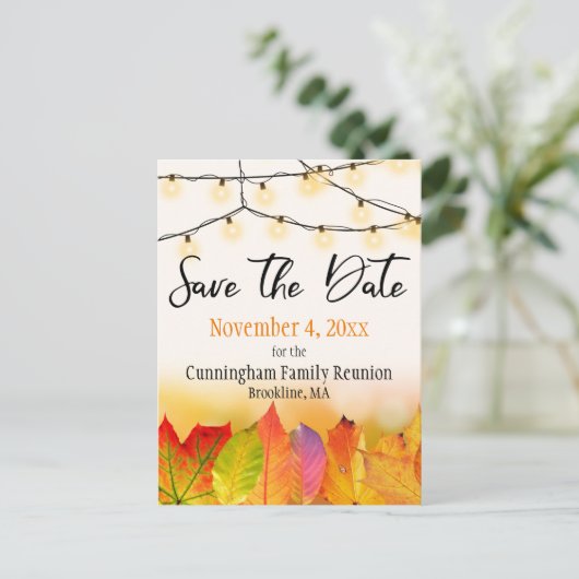 Blätter für die Wiedersehen Save the Date String-L Ankündigungspostkarte (Stehend Vorderseite)