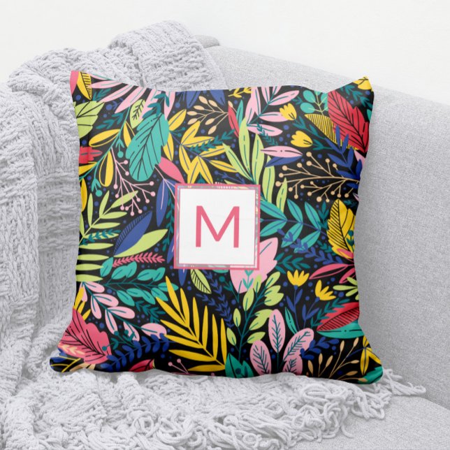 Blätter für farbenfrohe Linien 🌿 Coral Modern Mon Kissen (Modern Coral Monogram Pillow with Bright, Cheery, Colorful Leaves Pattern)