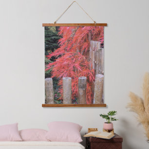 Blätter für japanische Maple und Bambuszaun Wandteppich Mit Holzrahmen