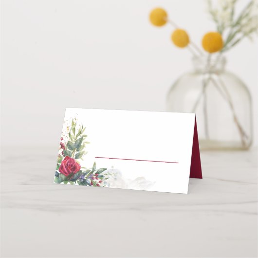 Blätter für rote Rose und Eukalyptus Platzkarte (Vorderseite)