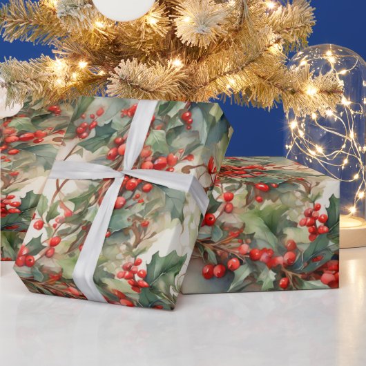 Blätter für Vintage Aquarellbeeren Geschenkpapier (Feiertage)