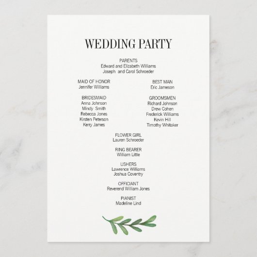 Blätter für Wasserfarben Hochzeitsprogramm Programm (Rückseite)