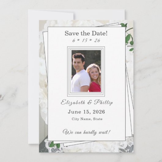 Blätter für weiße Spitzen und Rose Hochzeitssticht Save The Date (Vorderseite)