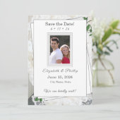 Blätter für weiße Spitzen und Rose Hochzeitssticht Save The Date (Stehend Vorderseite)