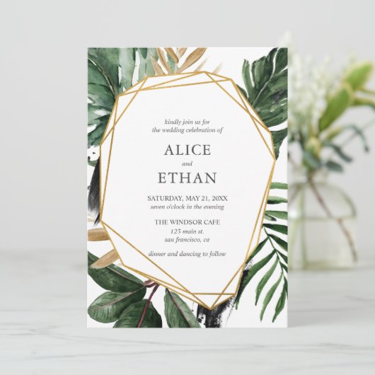 Blätter Geometric Wedding Beach Tropical Greenery Einladung (Stehend Vorderseite)