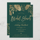 Blätter goldenes smaragdgrünes modernes Brautparty Einladung (Vorne/Hinten)