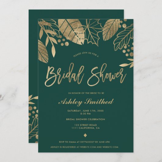 Blätter goldenes smaragdgrünes modernes Brautparty Einladung (Vorne/Hinten)