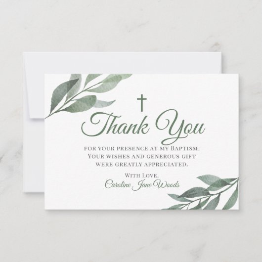 Blätter Grüne Taufe Dankeskarte (Vorderseite)