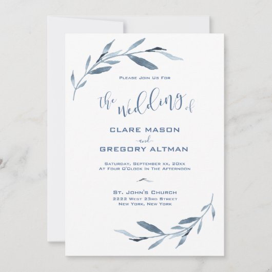 Blätter Hochzeit in Blau und Weiß Einladung (Vorderseite)