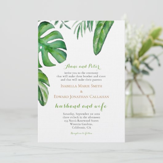 Blätter Hochzeit mit tropischem Grün Einladung (Stehend Vorderseite)