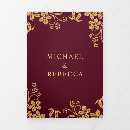 Blätter Hochzeit von Burgunder und Goldfräsen Dreifach Gefaltete Einladung (Cover)