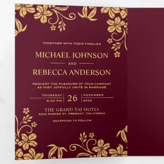 Blätter Hochzeit von Burgunder und Goldfräsen Dreifach Gefaltete Einladung (Innen Erste Seite)