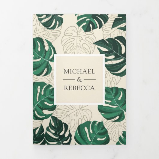 Blätter Hochzeiten von Grün und Beige Tropical Mon Dreifach Gefaltete Einladung (Cover)