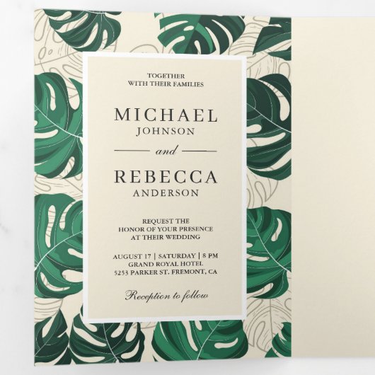 Blätter Hochzeiten von Grün und Beige Tropical Mon Dreifach Gefaltete Einladung (Innen Erste Seite)
