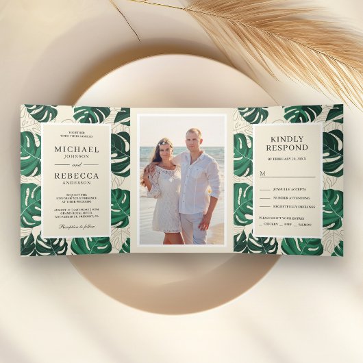 Blätter Hochzeiten von Grün und Beige Tropical Mon Dreifach Gefaltete Einladung