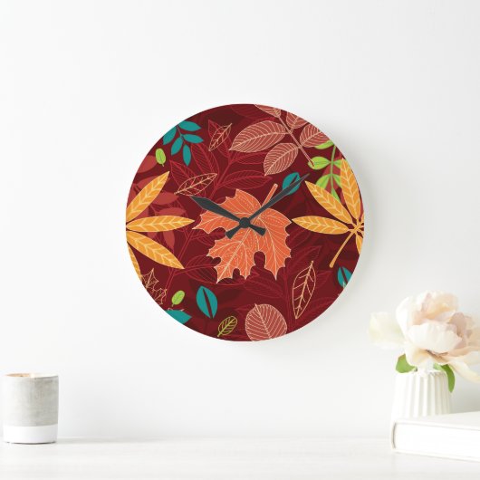 Blätter im Herbst: Nahtloses Naturmuster Große Wanduhr (Zuhause)