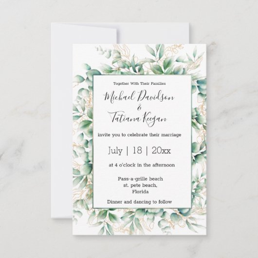 Blätter in Aquarellgrün Einladung (Vorderseite)