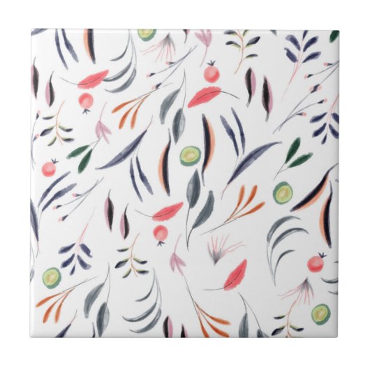 Blätter in hellen Aquarellfarben und Beeren-Muster Fliese (Vorderseite)