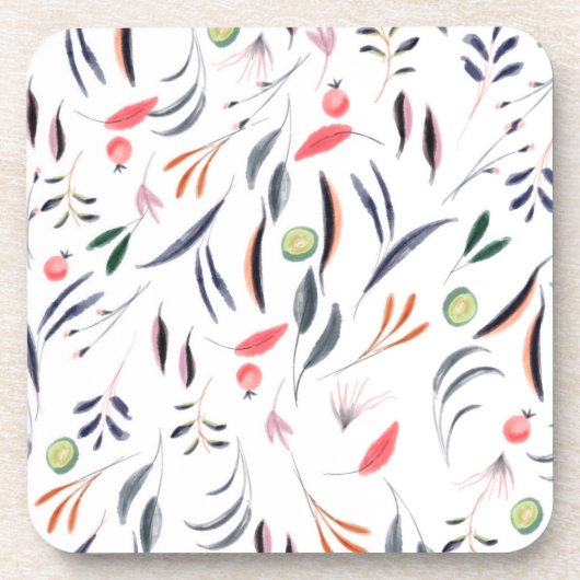 Blätter in hellen Aquarellfarben und Beeren-Muster Getränkeuntersetzer (Vorderseite)
