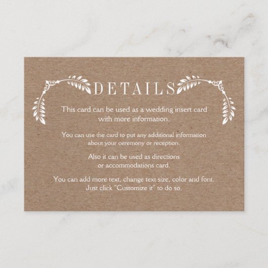 Blätter Karton Hochzeitsdetails Einlegen Karte (Vorderseite)