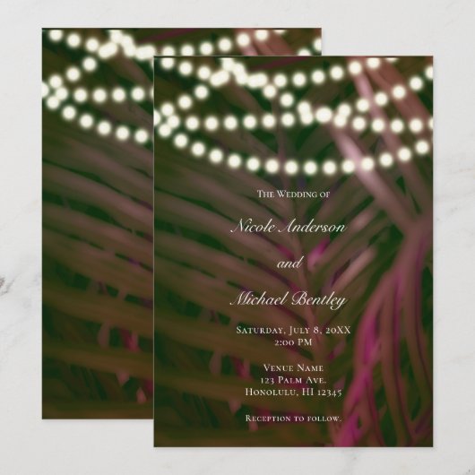 Blätter & Lights Wedding in Rosa Einladung (Vorne/Hinten)