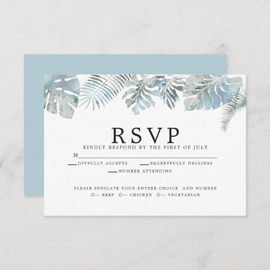 Blätter mit blauen tropischen Wasserfarben RSVP Karte (Vorne/Hinten)
