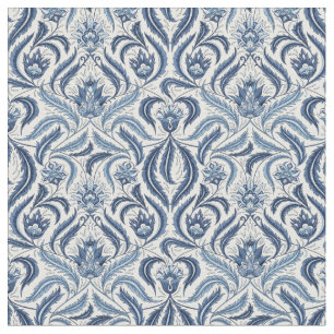 Blätter mit blauer und weißer Feder Damask Floral Stoff