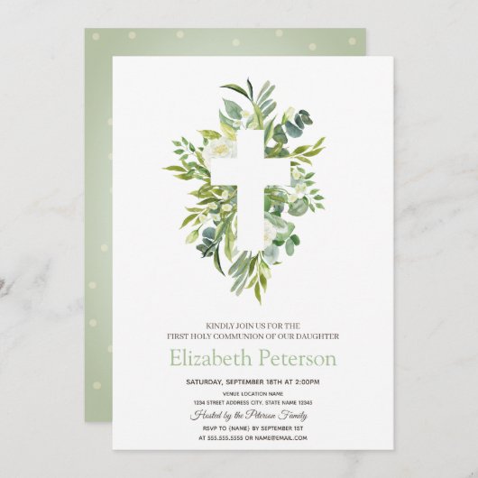 Blätter mit Blumenkreuz Erste Heilige Kommune Einladung (Vorne/Hinten)