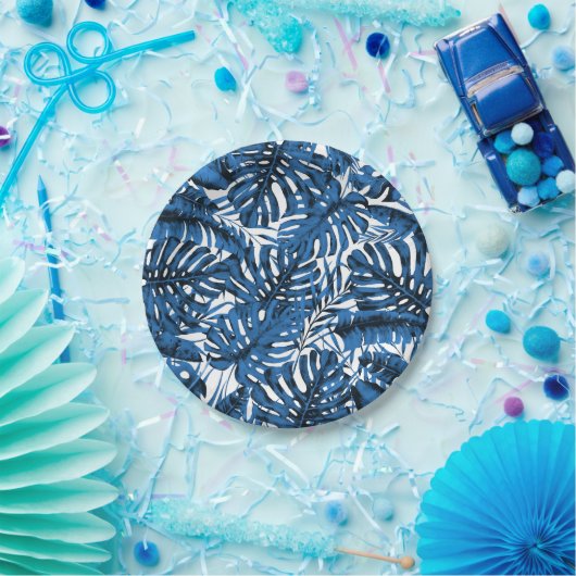 Blätter mit mittlerem Denim Blue Tropical Palm Wed Pappteller (Party)