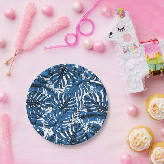 Blätter mit mittlerem Denim Blue Tropical Palm Wed Pappteller (Party)