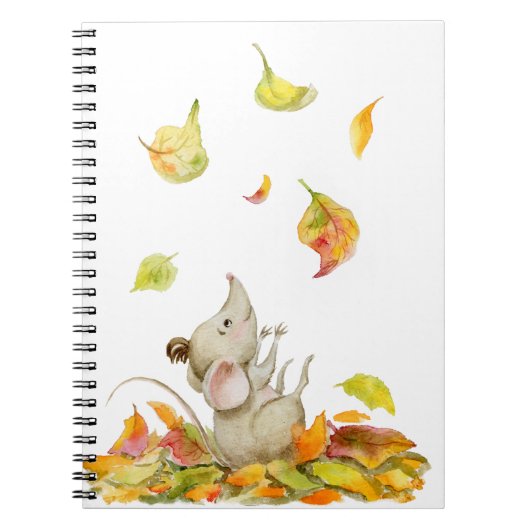 Blätter mit niedlicher Maus und gelb-orangefarbene Notizblock (Vorderseite)