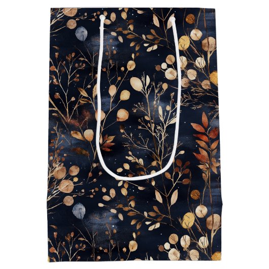 Blätter mit roter Blume und goldfarbener Farbe Mittlere Geschenktüte (Rückseite)