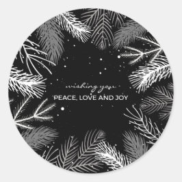 Blätter mit Schnee in Schwarz-Weiß-Pinien Runder Aufkleber