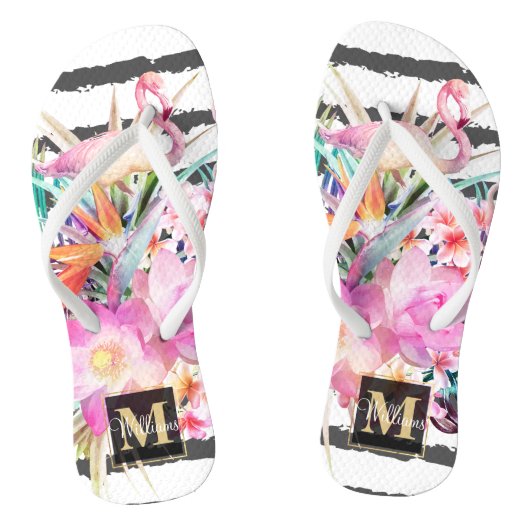 Blätter mit tropischen Pflanzen und Flamingos Badesandalen (Fußbett)