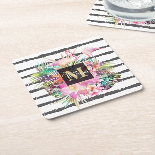 Blätter mit tropischen Pflanzen und Flamingos Rechteckiger Pappuntersetzer (angewinkelt)