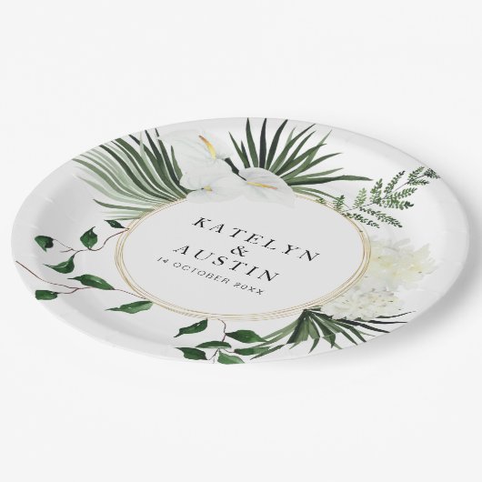 Blätter mit tropischer Palme Pappteller (Schrägansicht)