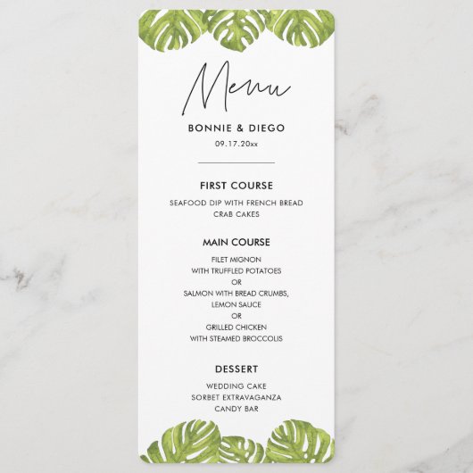 Blätter mit tropischer Vegetation Menükarte (Vorderseite)