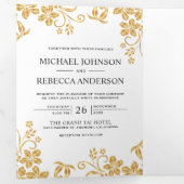 Blätter mit weißer und goldener Blüte Hochzeit Dreifach Gefaltete Einladung (Innen Erste Seite)