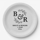 Blätter Motif Monogram zum ersten Hochzeitstag Pappteller (Vorderseite)